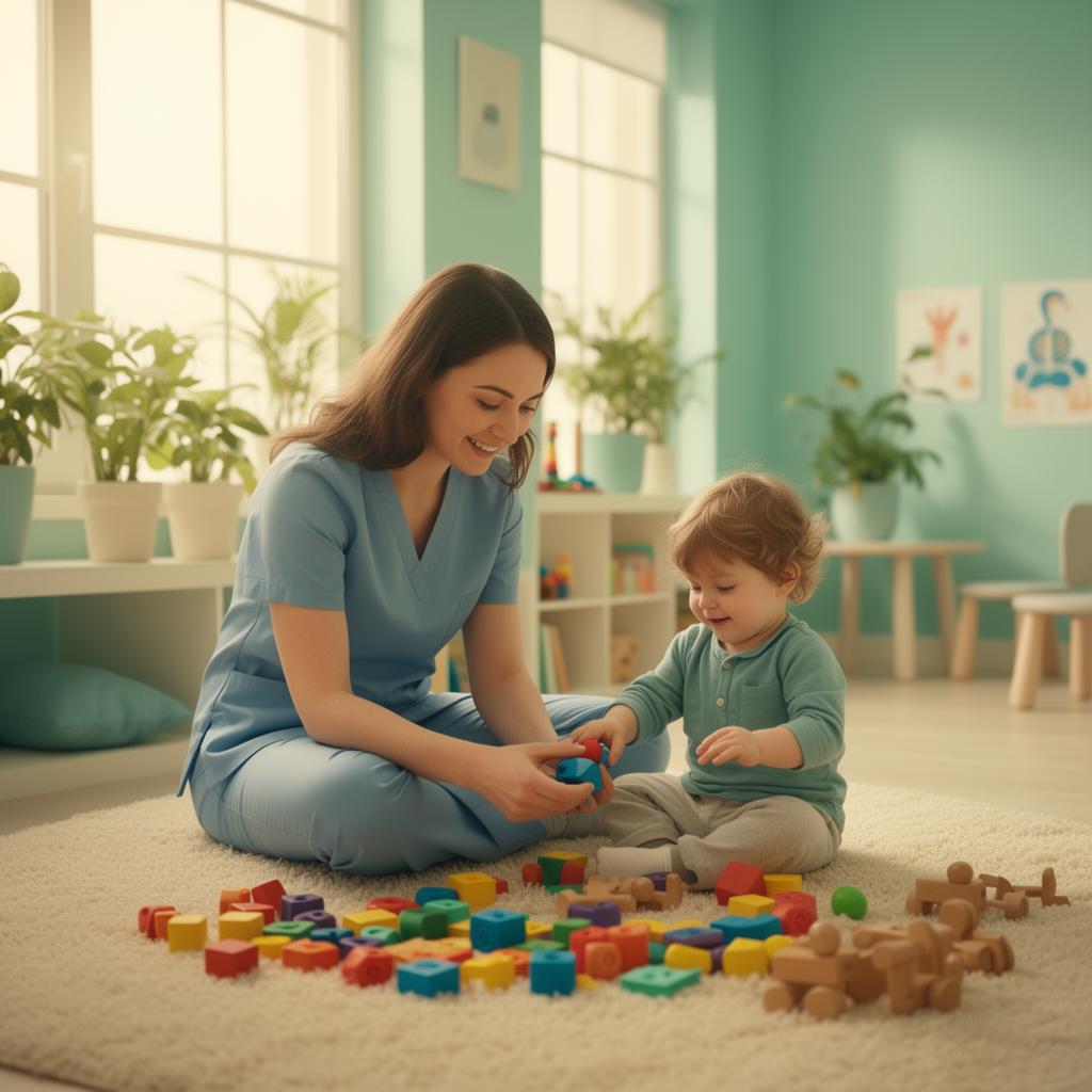 A pediatric therapist gently playing with a young child using sensory toys in a calm clinic room